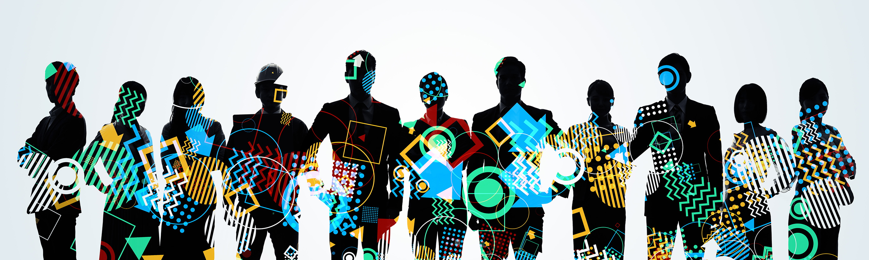 Illustration showing a dynamic group of workers in silhouette with colorful iconography suggesting diversity and energy.