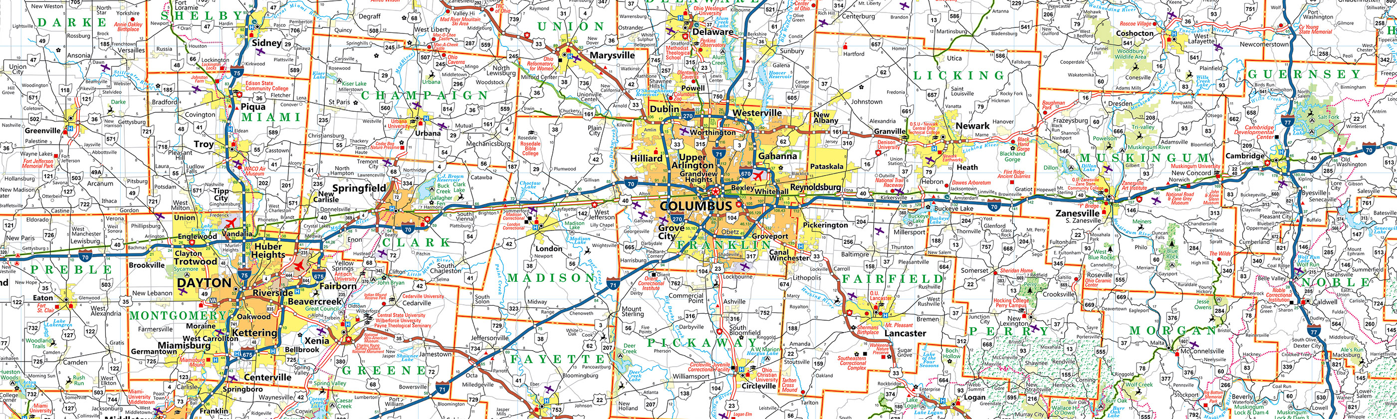 A portion of the official state highway map shows Interstate 70 running through Dayton, Columbus, and Cambridge, Ohio.